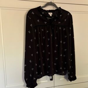 J.CREW Elegant Sheer Black Blouse with White Bow Pattern, Velvet Trim